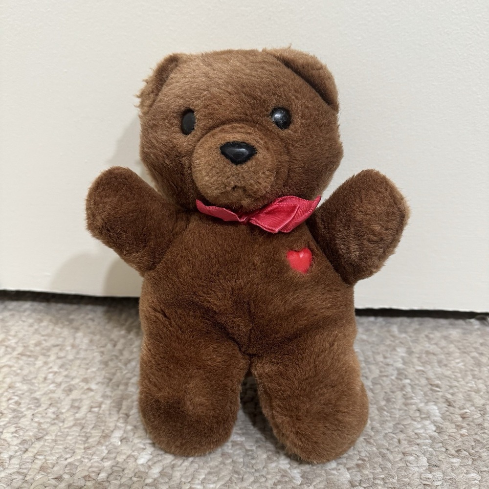 1985 Dakin Brown Teddy Bear 9" Plush Red Bow Vintage Stuffed Animal